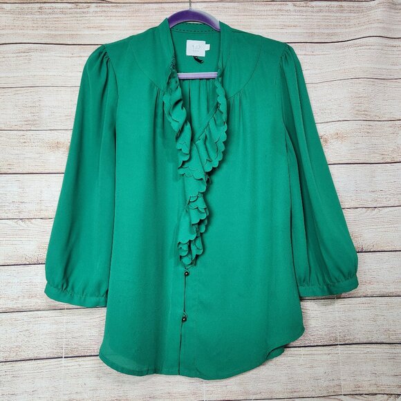 HD in Paris Anthropologie Women's Size 10 Top Green Ruffle Neck Chiffon - Picture 1 of 16